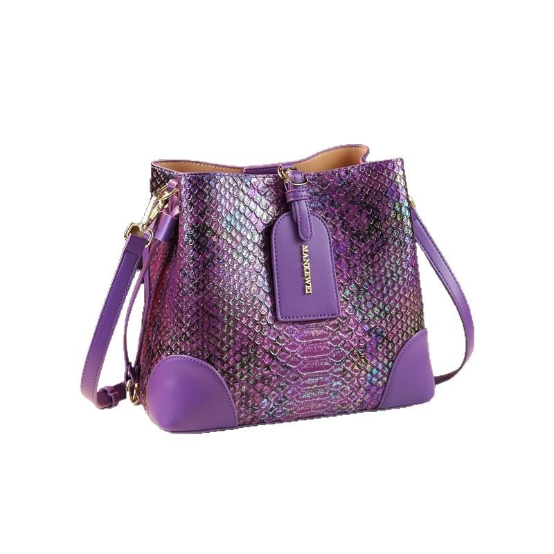 Geanta dama bucket snake print iridescent din piele naturala