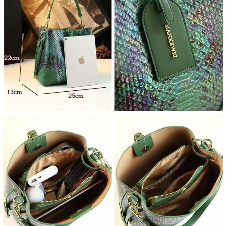 Geanta dama bucket snake print iridescent din piele naturala