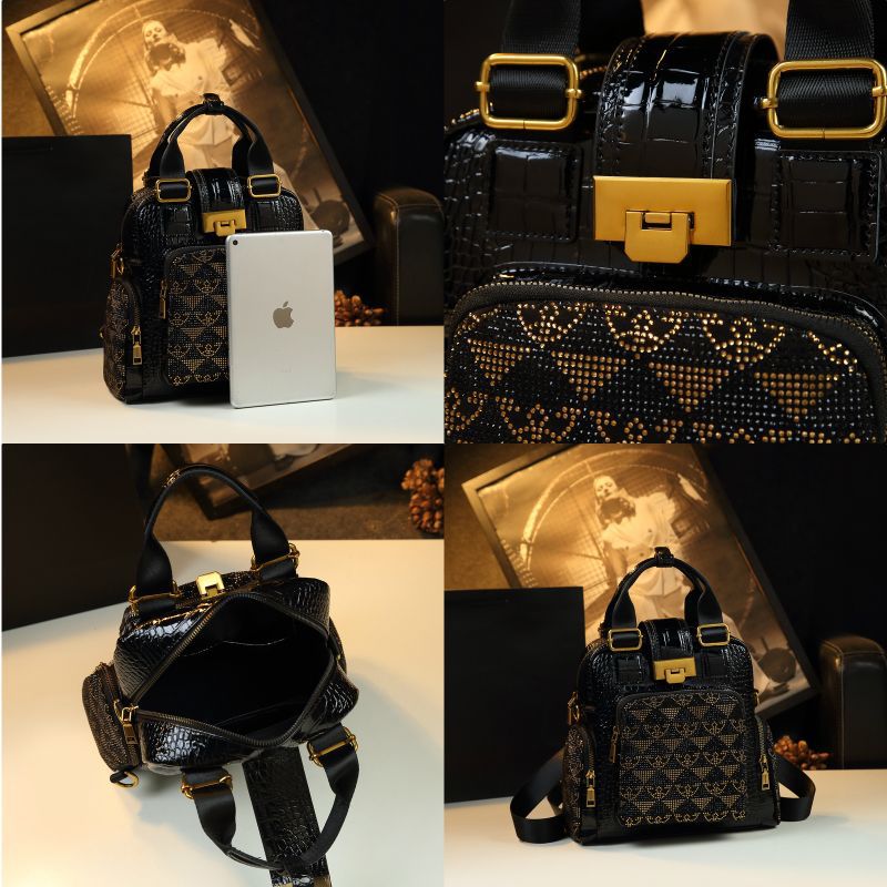 Rucsac dama elegant matlasat negru cu detalii aurii