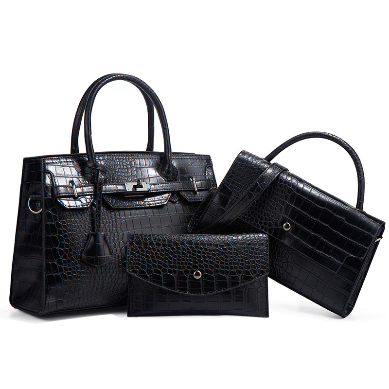 Imperial – set geanta dama neagra, croco, 3 piese