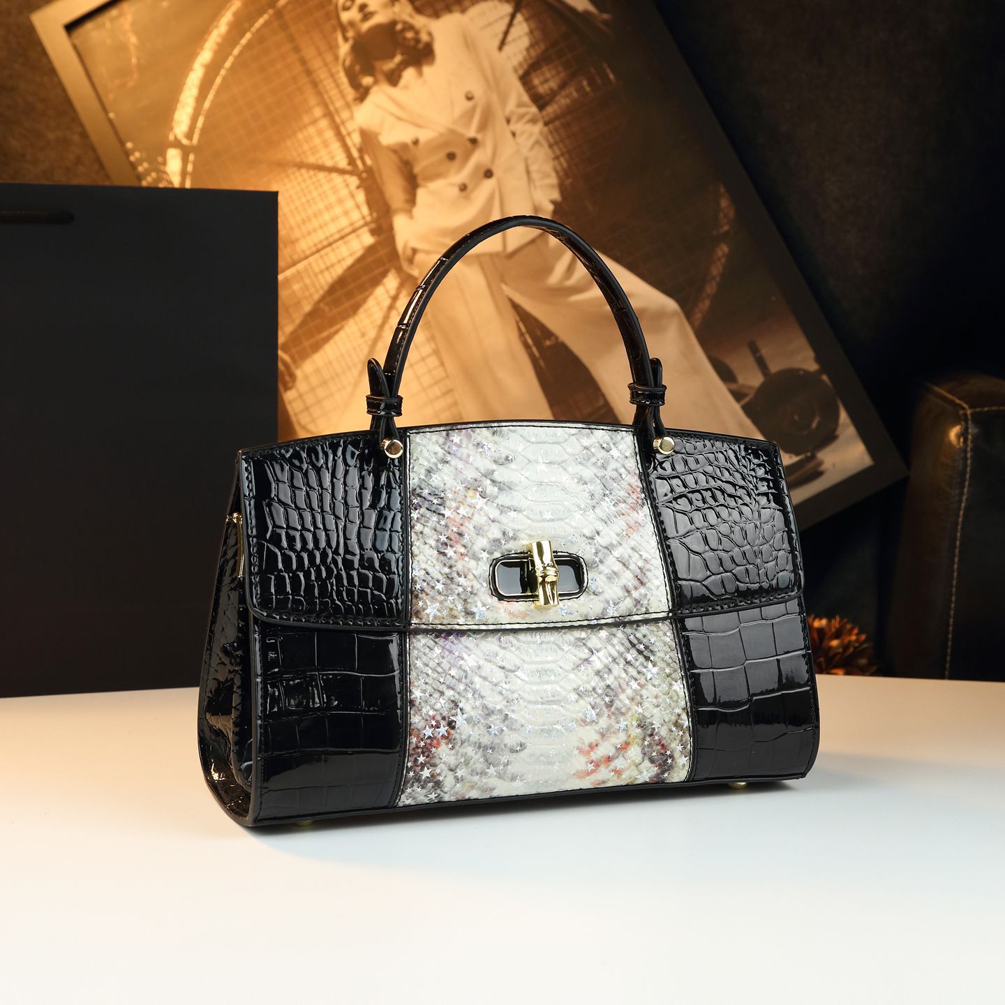 Geanta dama patchwork croco & snake din piele naturala